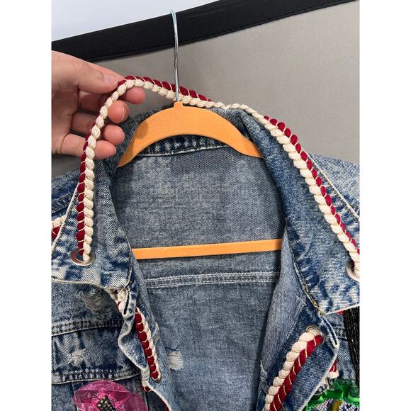 Souk + Sephia Designer Punk Graffiti Style Distressed Medium Wash Denim Jacket - Picture 5 of 13